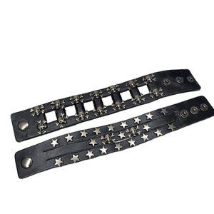 studded skull star black faux leather cage strap biker rocker bracelet
